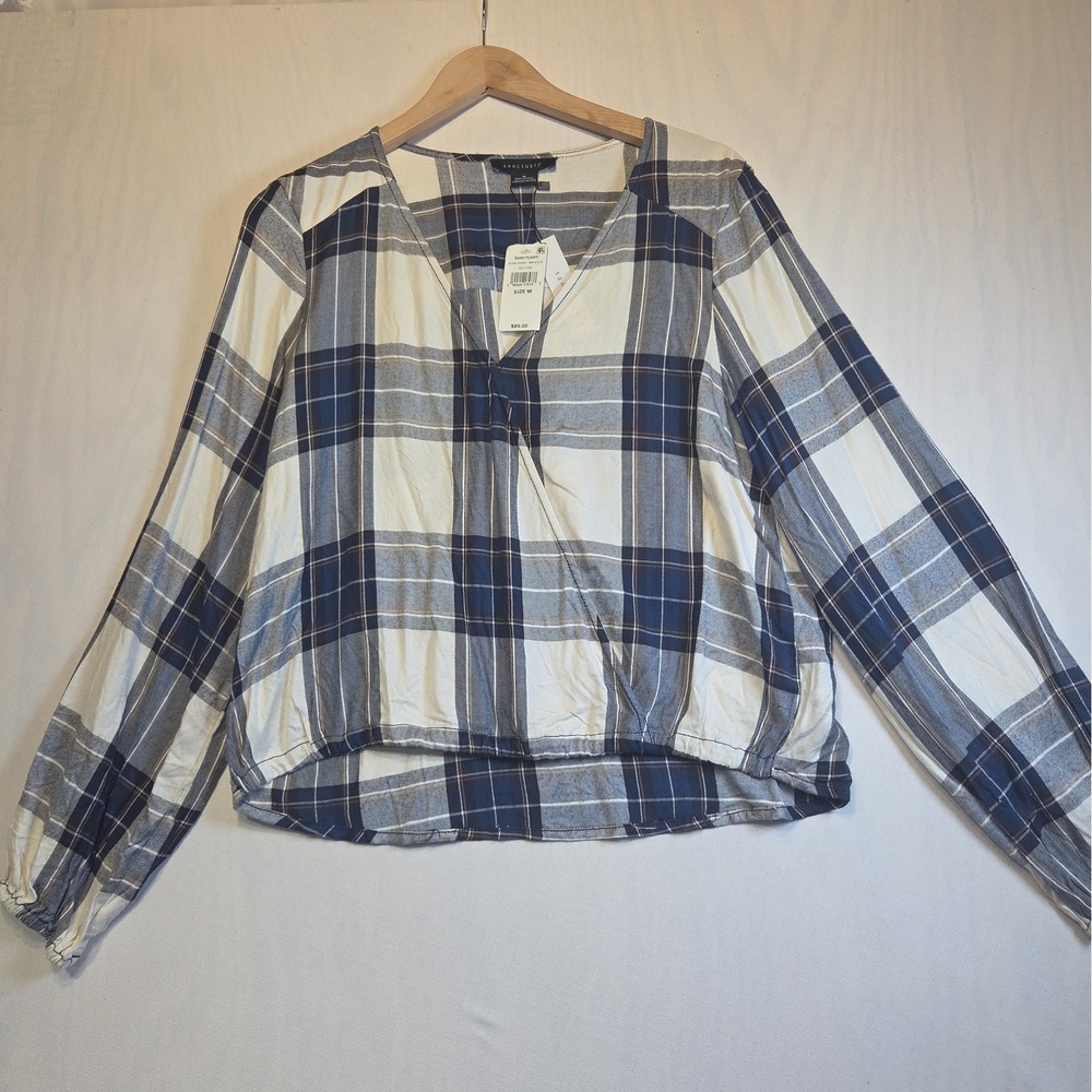 NWT Sanctuary Womens M Navy Plaid Surplice V Neck Blouson Top Elastic Hem